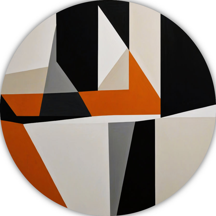 Abstract geometrisch spel van oranje en zwart aluminium muurcirkel