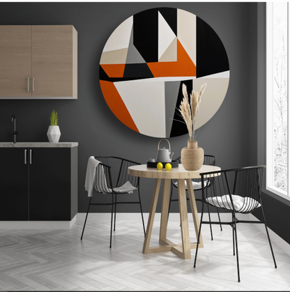 Abstract geometrisch spel van oranje en zwart aluminium muurcirkel