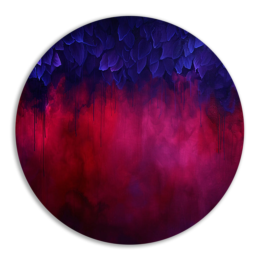 Abstracte paarse en rode rook met bladeren aluminium muurcirkel