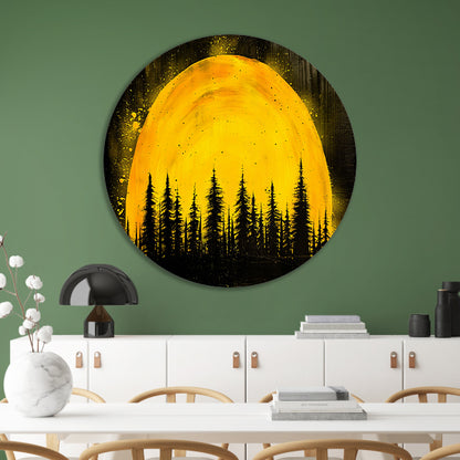 Silhouet van bomen met gele achtergrond aluminium muurcirkel