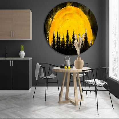 Silhouet van bomen met gele achtergrond aluminium muurcirkel