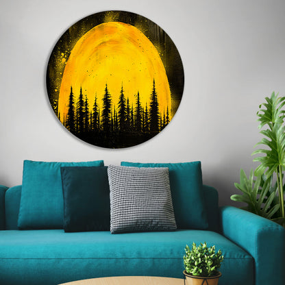 Silhouet van bomen met gele achtergrond aluminium muurcirkel
