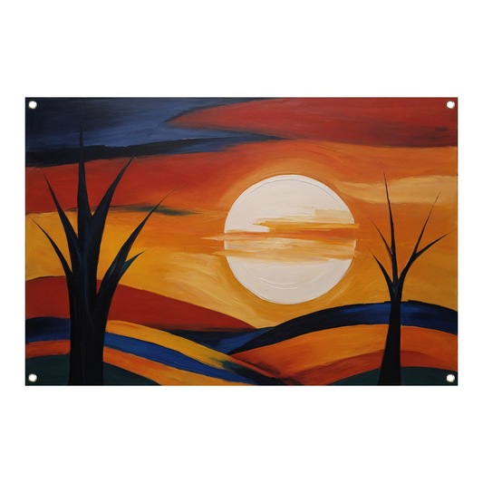 Abstracte Interpretatie van Zonsondergang en Bomen tuinposter