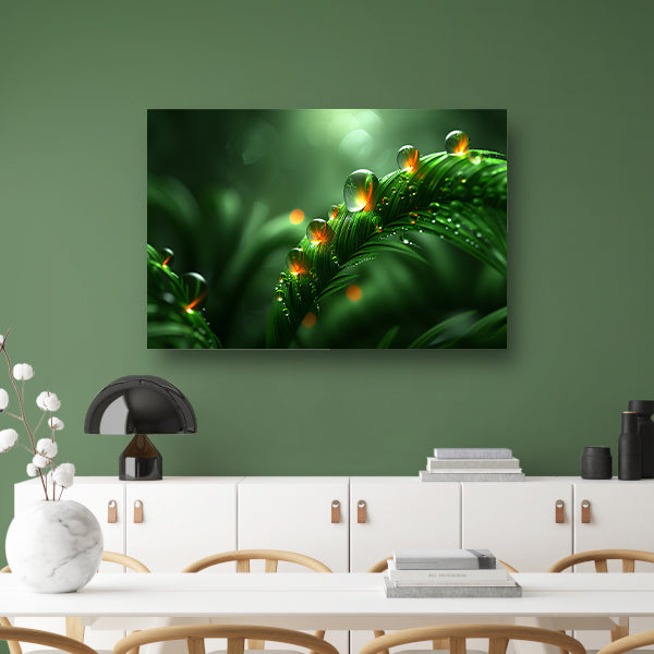 Dauwdruppels glinsterend op weelderige bladeren poster