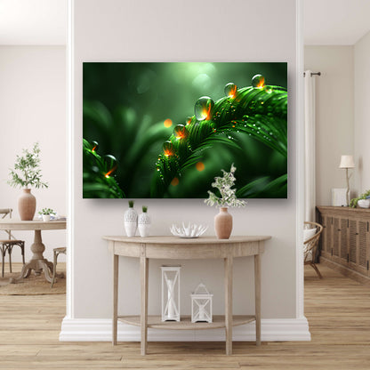 Dauwdruppels glinsterend op weelderige bladeren canvas met baklijst