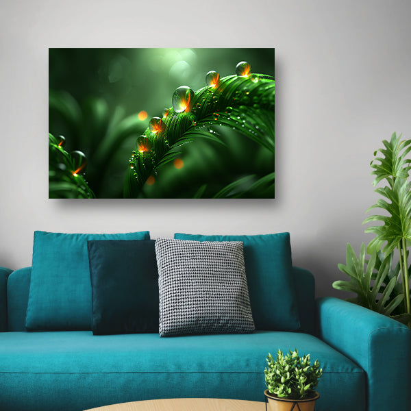 Dauwdruppels glinsterend op weelderige bladeren acrylglas