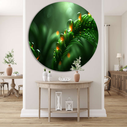 Dauwdruppels glinsterend op weelderige bladeren forex muurcirkel