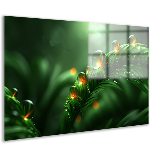 Dauwdruppels glinsterend op weelderige bladeren acrylglas