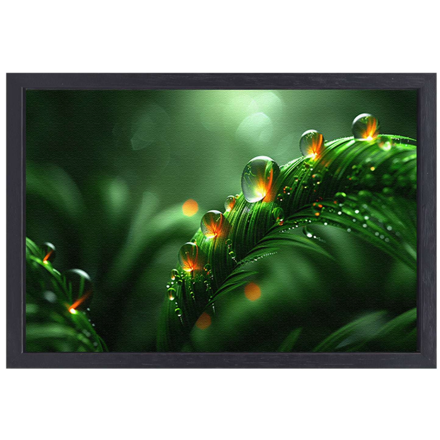 Dauwdruppels glinsterend op weelderige bladeren canvas met baklijst