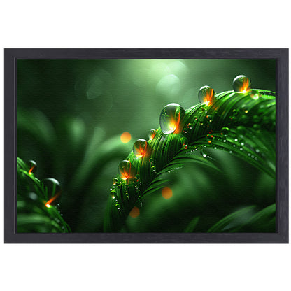 Dauwdruppels glinsterend op weelderige bladeren canvas met baklijst