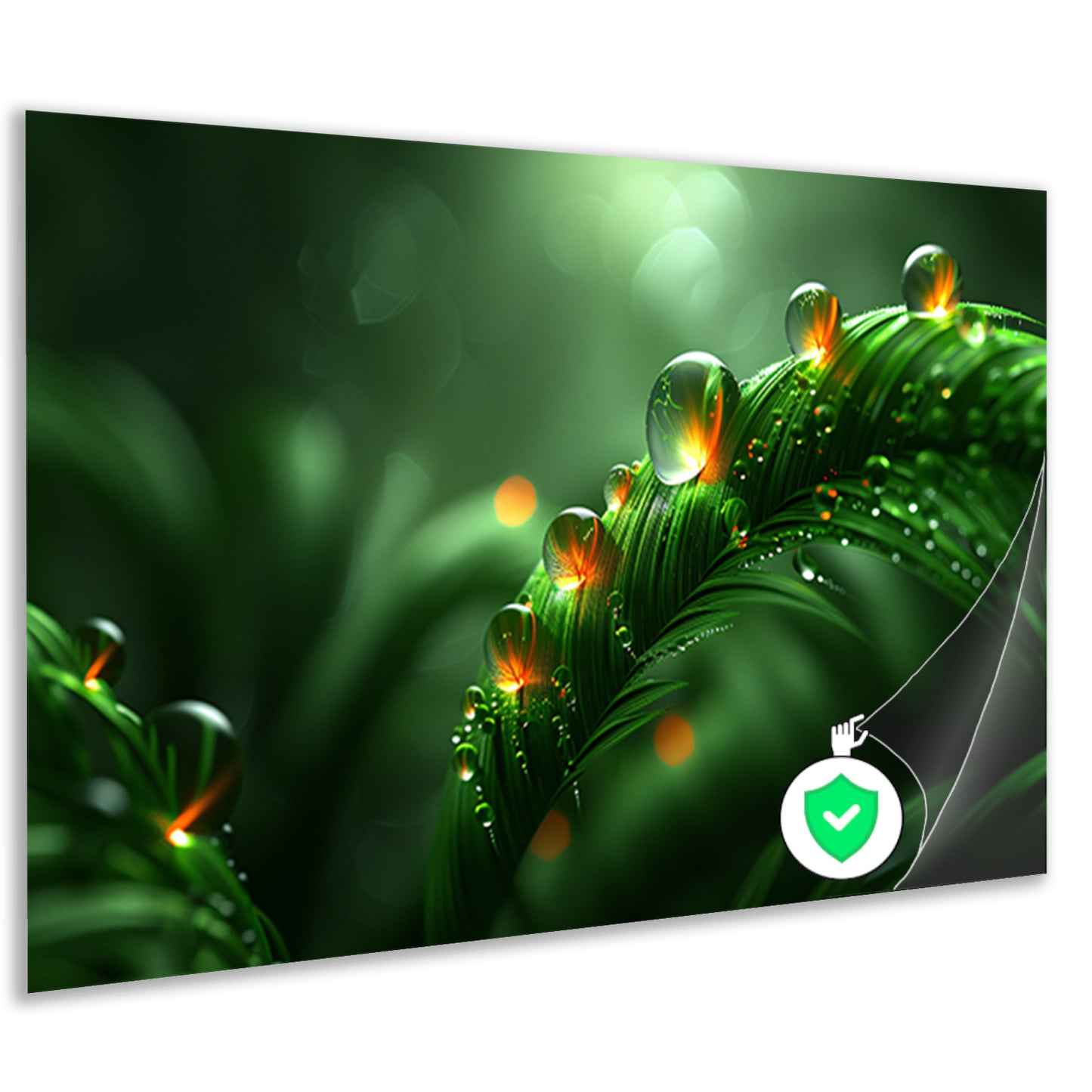 Dauwdruppels glinsterend op weelderige bladeren poster