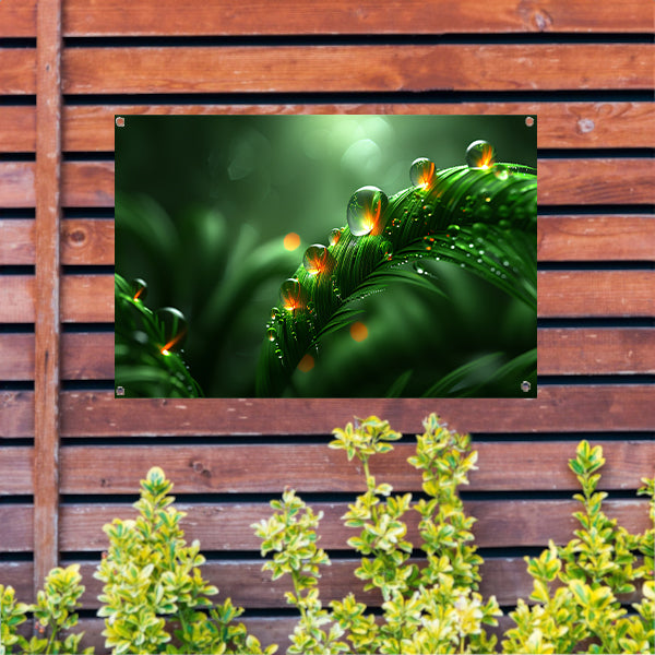 Dauwdruppels glinsterend op weelderige bladeren tuinposter