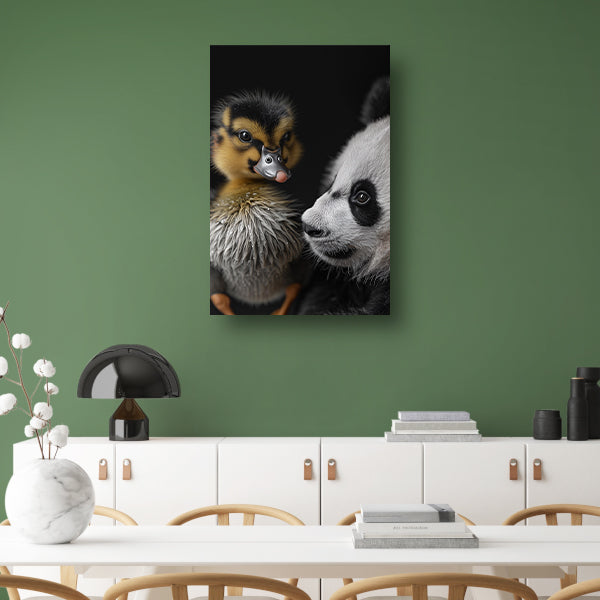 Nieuwsgierige panda en schattige eend canvas