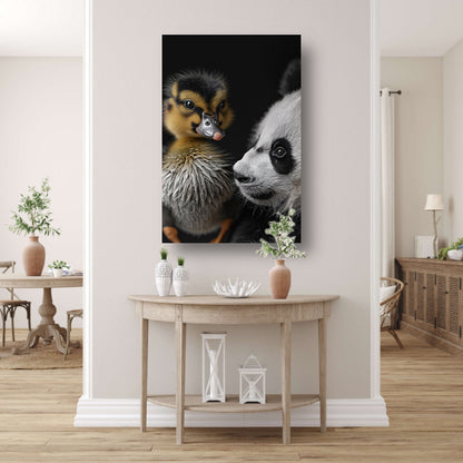 Nieuwsgierige panda en schattige eend poster