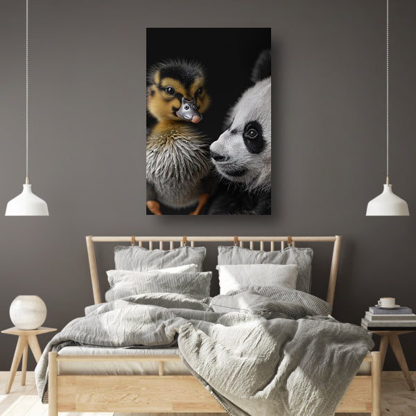 Nieuwsgierige panda en schattige eend canvas