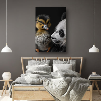 Nieuwsgierige panda en schattige eend canvas