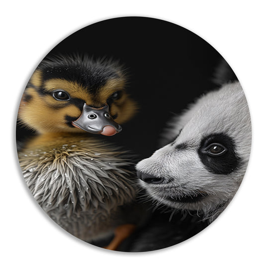 Nieuwsgierige panda en schattige eend aluminium muurcirkel