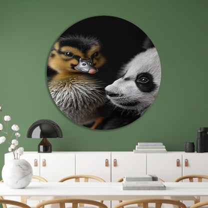 Nieuwsgierige panda en schattige eend aluminium muurcirkel