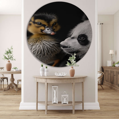 Nieuwsgierige panda en schattige eend aluminium muurcirkel