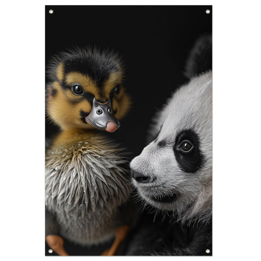 Nieuwsgierige panda en schattige eend tuinposter