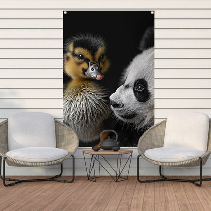 Nieuwsgierige panda en schattige eend tuinposter