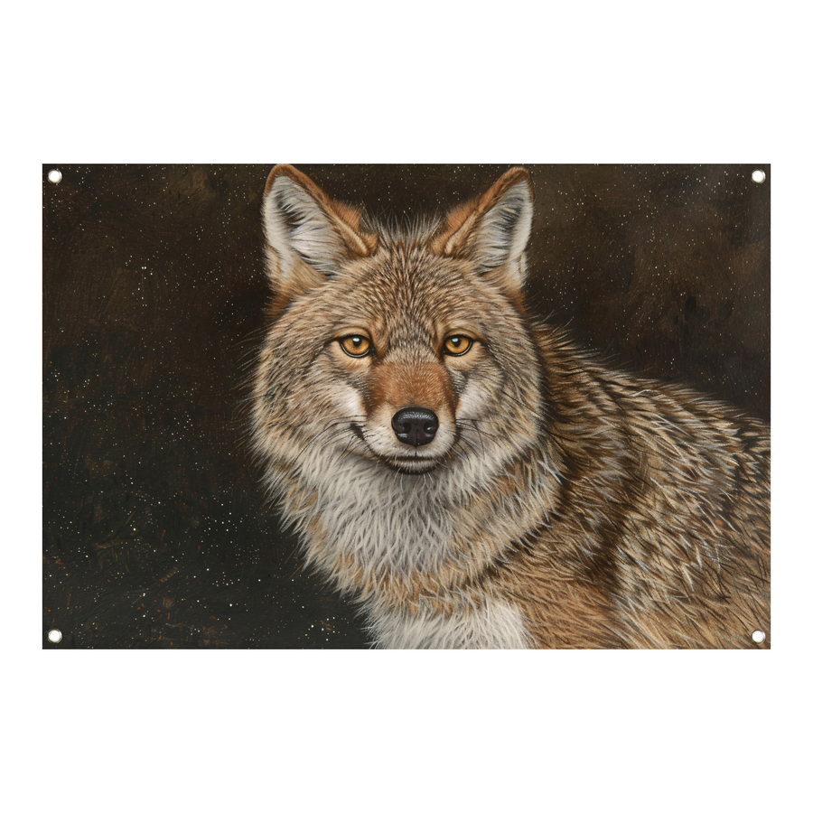 Gedetailleerd realistisch schilderij van een coyote tuinposter