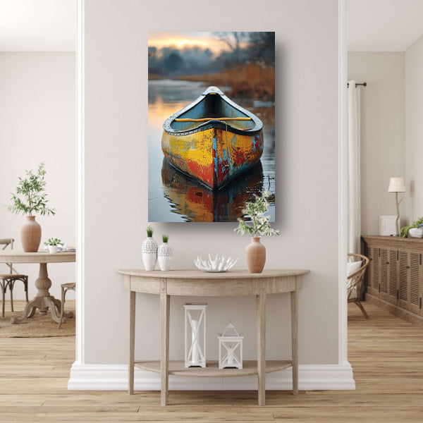 Kleurrijk kano in rustig water canvas met baklijst