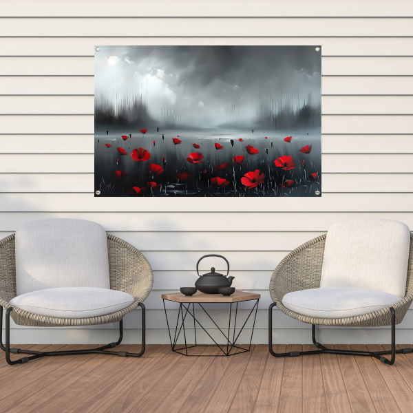 Rode bloemen in een mistig landschap tuinposter