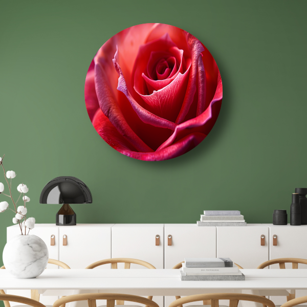 Elegante rode roos in volle bloei close-up aluminium muurcirkel