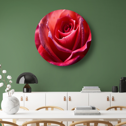 Elegante rode roos in volle bloei close-up aluminium muurcirkel