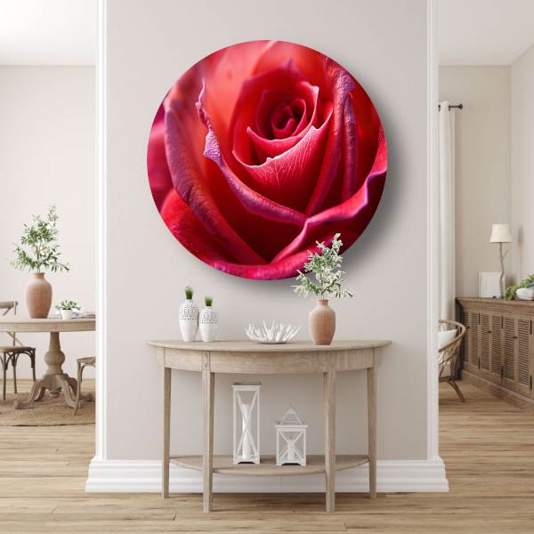Elegante rode roos in volle bloei close-up aluminium muurcirkel