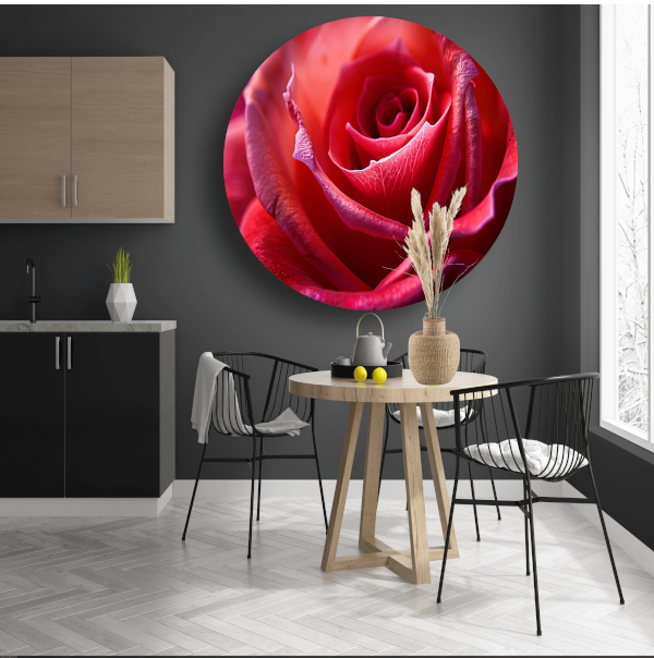Elegante rode roos in volle bloei close-up aluminium muurcirkel