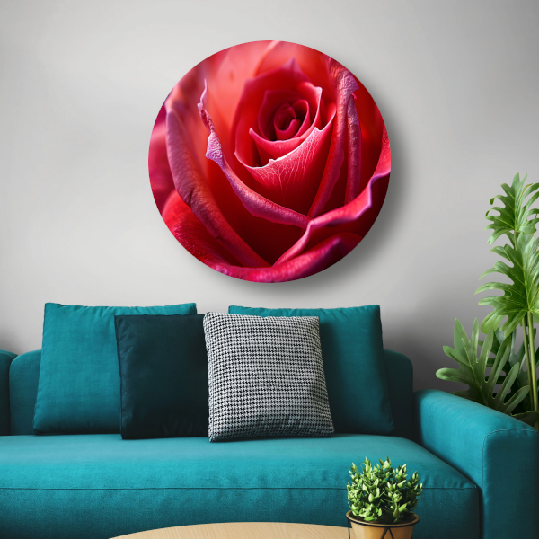Elegante rode roos in volle bloei close-up aluminium muurcirkel