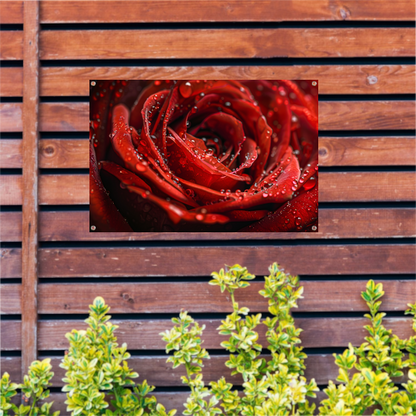 Close-up van een rode roos met dauwdruppels tuinposter