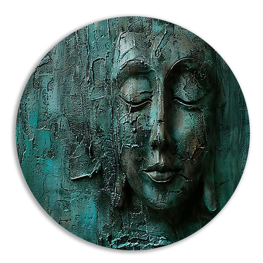 Abstract boeddha schilderij met rijke textuur aluminium muurcirkel
