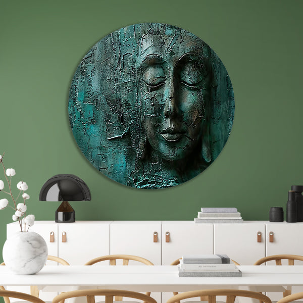 Abstract boeddha schilderij met rijke textuur aluminium muurcirkel