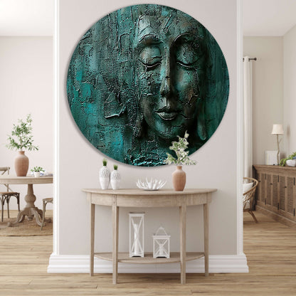 Abstract boeddha schilderij met rijke textuur aluminium muurcirkel