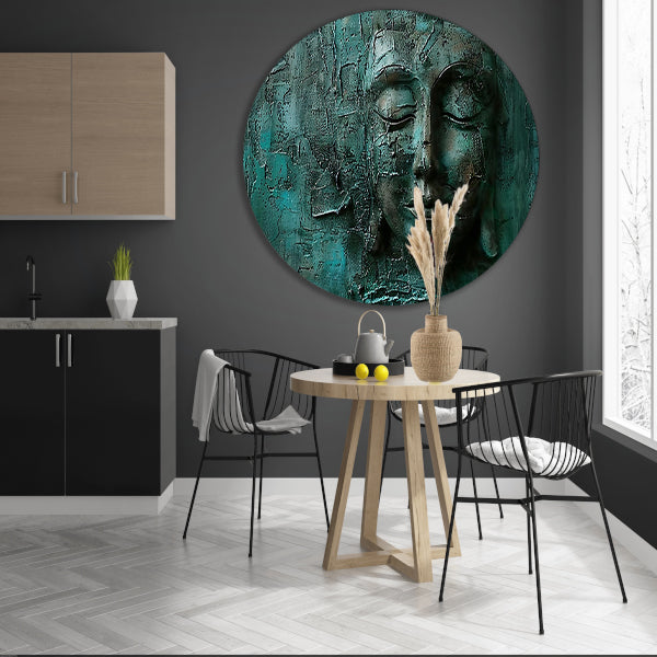 Abstract boeddha schilderij met rijke textuur aluminium muurcirkel