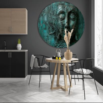Abstract boeddha schilderij met rijke textuur aluminium muurcirkel