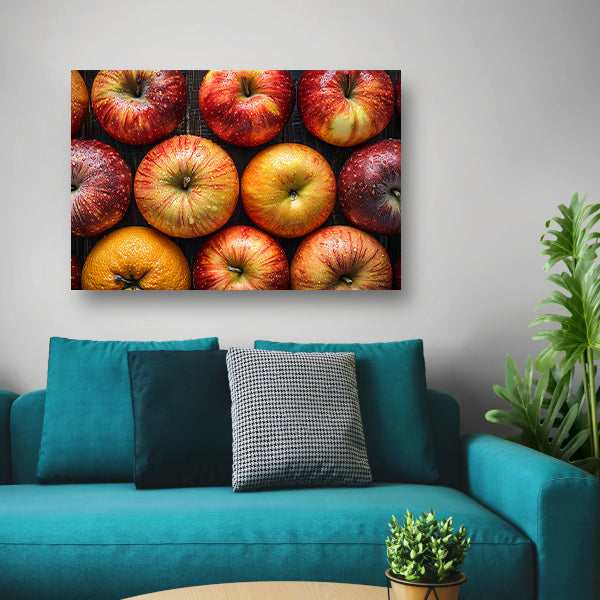 Frisse Appels met Waterdruppels op Hout canvas