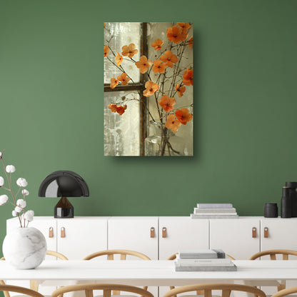 Oranje bloesems in glazen vaas poster