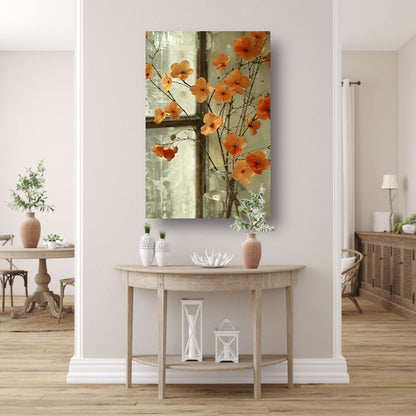 Oranje bloesems in glazen vaas poster