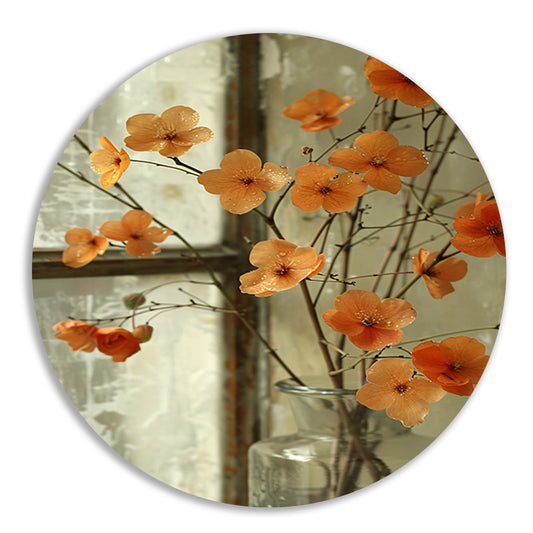 Oranje bloesems in glazen vaas aluminium muurcirkel