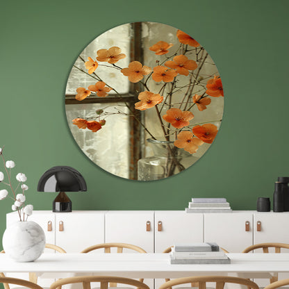 Oranje bloesems in glazen vaas aluminium muurcirkel