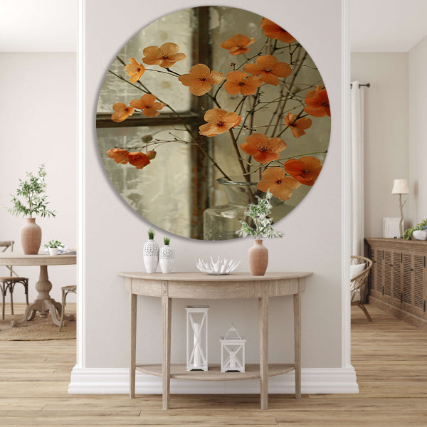 Oranje bloesems in glazen vaas aluminium muurcirkel