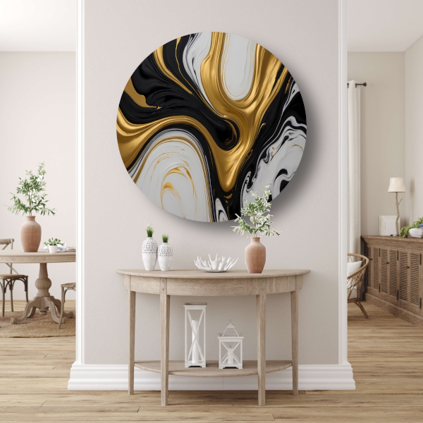Abstract spel van zwart, wit en gouden tinten aluminium muurcirkel