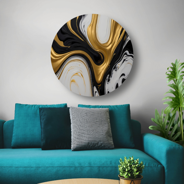 Abstract spel van zwart, wit en gouden tinten aluminium muurcirkel