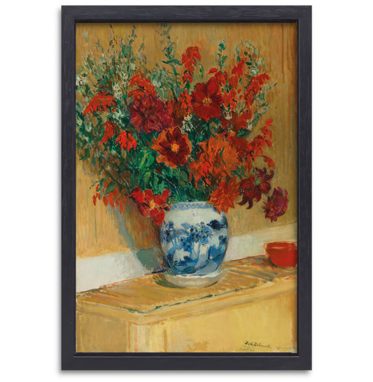 Boeket bloemen in blauwe vaas - Jacques-Émile Blanche canvas met baklijst