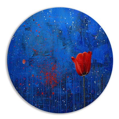 Abstracte tulp tegen dynamische blauwe achtergrond aluminium muurcirkel