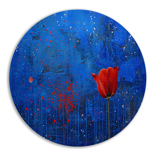 Abstracte tulp tegen dynamische blauwe achtergrond aluminium muurcirkel